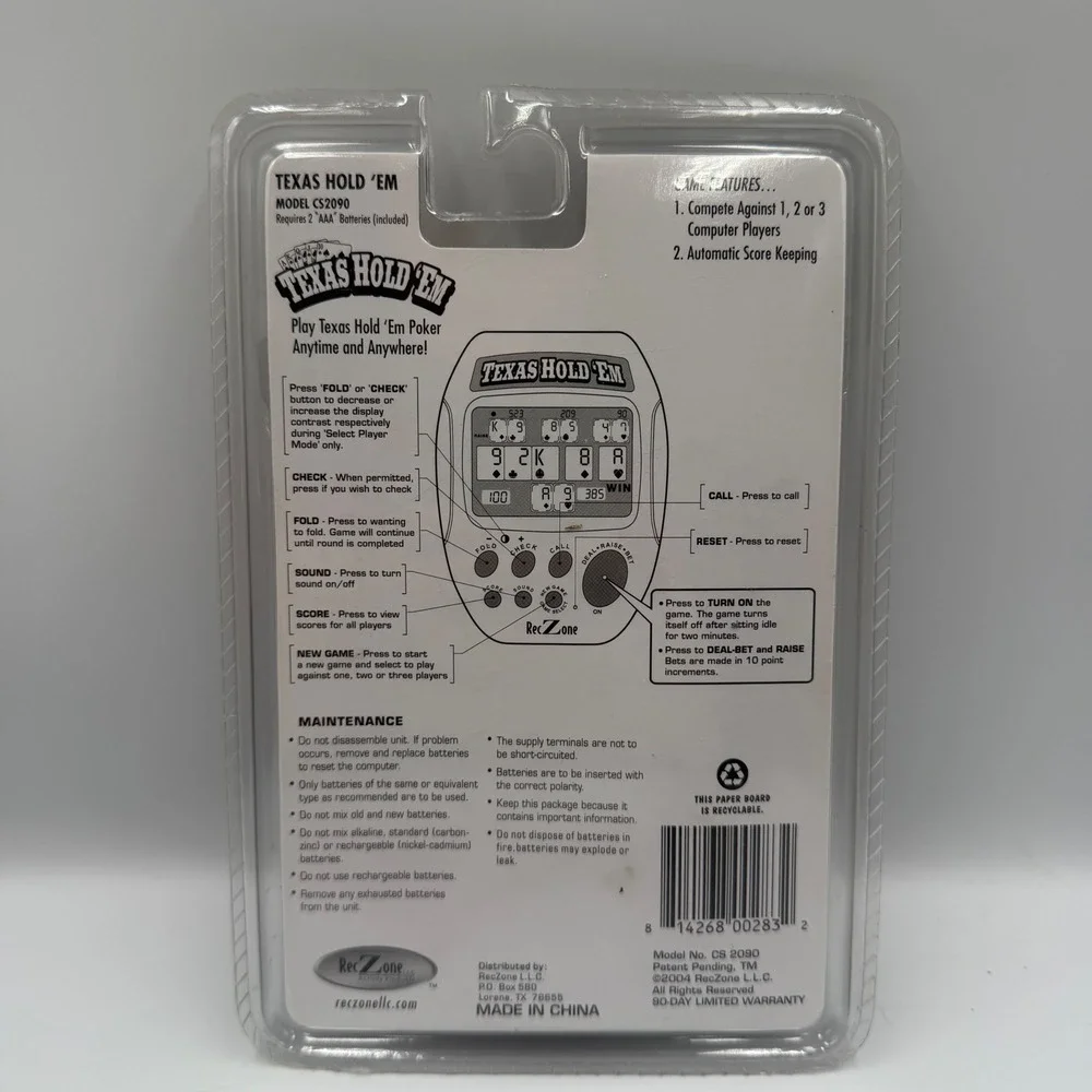 RecZone Texas Hold 'Em Poker Electronic Handheld Game Tested Works w/ Box